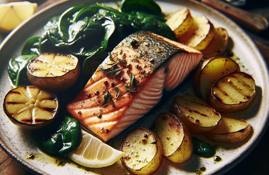 Saumon au Four avec Pomme de Terre Grillée et Épinards Sautés