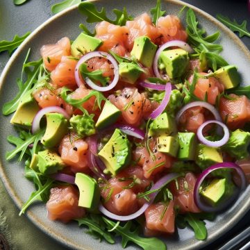 Tartare de Saumon à l’Avocat et Oignon Rouge avec Roquette