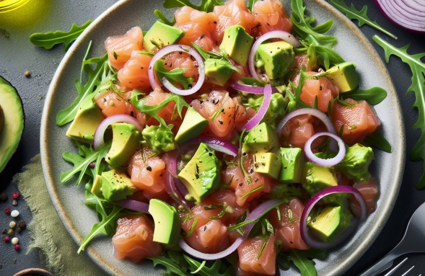 Tartare de Saumon à l’Avocat et Oignon Rouge avec Roquette