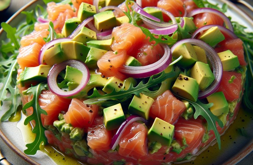 Tartare de Saumon à l’Avocat et Oignons Rouges avec Roquette
