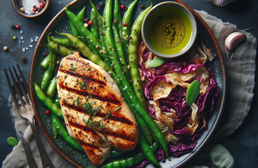 Blanc de Poulet Grillé avec Haricots Verts et Choux Rôtis à la Poêle