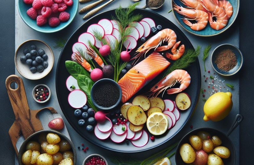 Délice de Saumon Fumé aux Baies Roses, Crevettes et Légumes Rôtis
