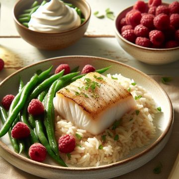 Filet de Cabillaud aux Riz et Haricots Verts, accompagné de Framboises à la Crème