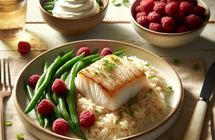 Filet de Cabillaud aux Riz et Haricots Verts, accompagné de Framboises à la Crème