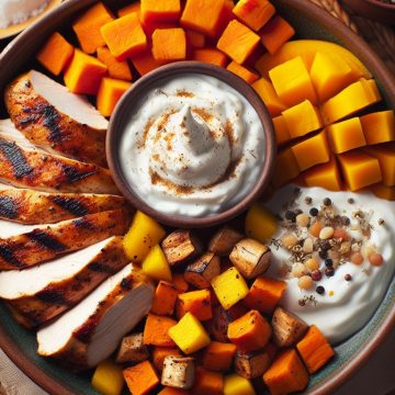 Poulet Grillé Épicé avec Patate Douce et Butternut, accompagné d’un Yaourt Coco-Mangue