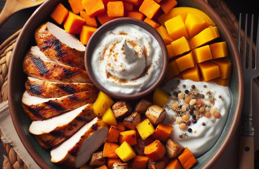 Poulet Grillé Épicé avec Patate Douce et Butternut, accompagné d’un Yaourt Coco-Mangue