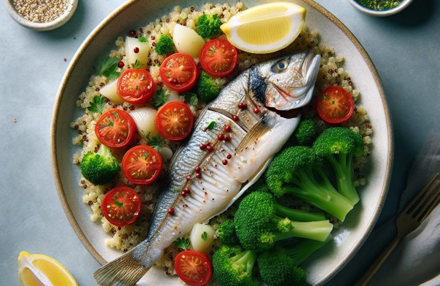 Quinoa aux Tomates, Brocoli Vapeur et Filet de Merlan