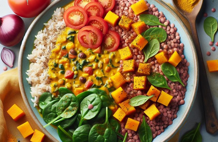 Curry de Lentilles Roses, Épinards et Butternut sur Riz Complet