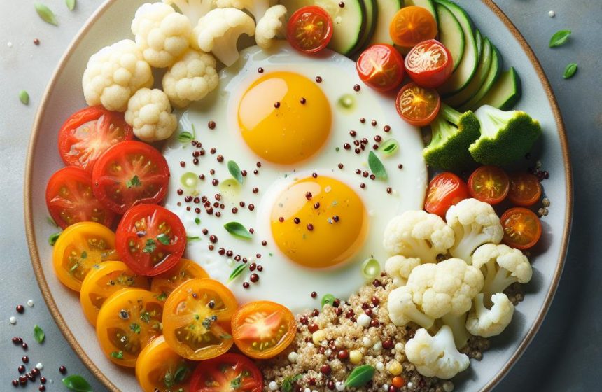 Œufs au Plat avec Quinoa, Chou-Fleur Vapeur et Tomate