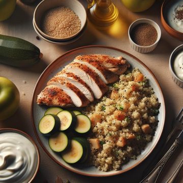 Escalope de Poulet au Quinoa et Courgettes avec Yaourt et Compote