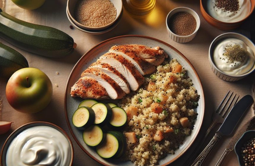 Escalope de Poulet au Quinoa et Courgettes avec Yaourt et Compote