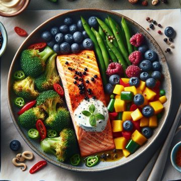 Saumon au Four avec Légumes Croquants et Dessert Fruité