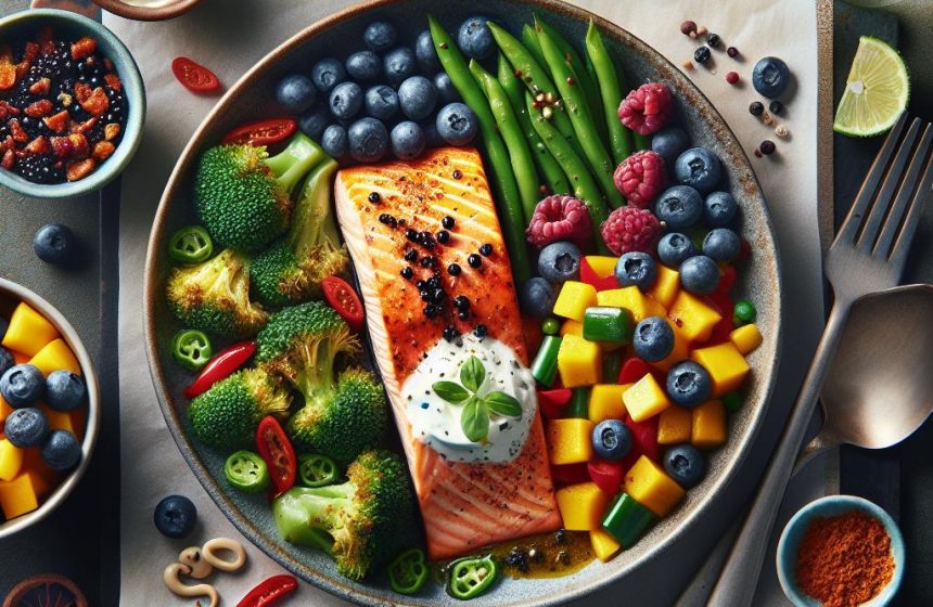 Saumon au Four avec Légumes Croquants et Dessert Fruité