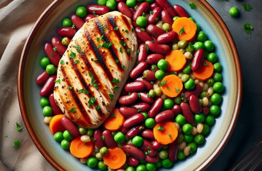 Poulet Grillé avec Haricots Rouges, Petits Pois et Carottes