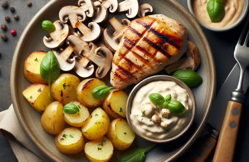 Délice de Poulet Grillé aux Champignons et Pommes de Terre avec Sauce Skyr