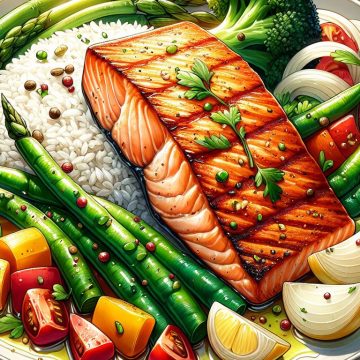 Saumon Grillé avec Riz Blanc et Légumes Variés