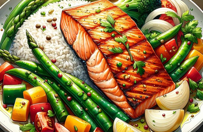 Saumon Grillé avec Riz Blanc et Légumes Variés