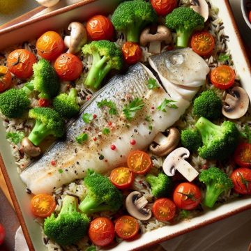 Délice de Poisson au Four avec Tomates, Brocoli, Riz Sauvage et Champignons