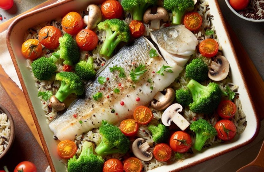 Délice de Poisson au Four avec Tomates, Brocoli, Riz Sauvage et Champignons