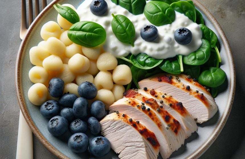 Filet de Dinde aux Gnocchis et Épinards, accompagné de Skyr et Myrtilles