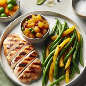 Poitrine de Poulet Grillée avec Haricots Verts et Jaunes et Compote de Fruits