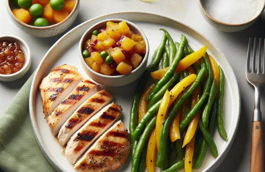 Poitrine de Poulet Grillée avec Haricots Verts et Jaunes et Compote de Fruits
