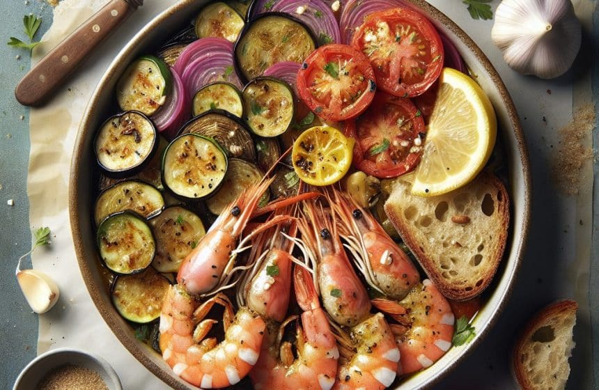 Gambas Sautées et Tian Provençal avec Pain de Kamut