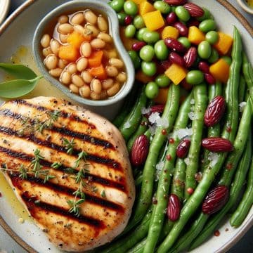 Escalope de Poulet Grillée aux Haricots Bicolores et Compote de Fruits