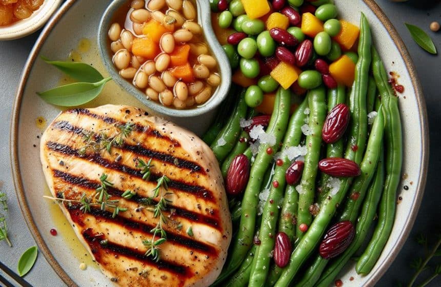 Escalope de Poulet Grillée aux Haricots Bicolores et Compote de Fruits
