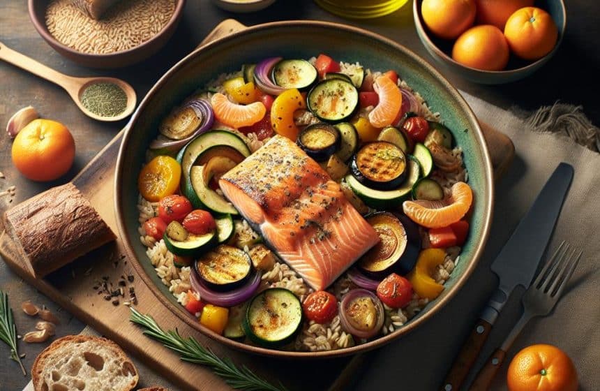 Riz Complet avec Ratatouille et Saumon
