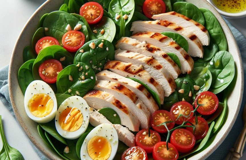 Salade Énergisante d’Épinards, Poulet et Œuf Dur