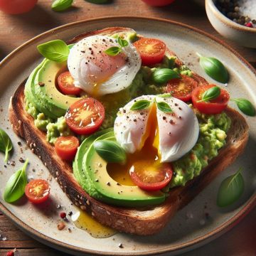 Toast à l’avocat avec œufs pochés et tomates