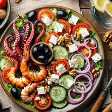 Délices Marins Grillés avec Salade Grecque et Noix