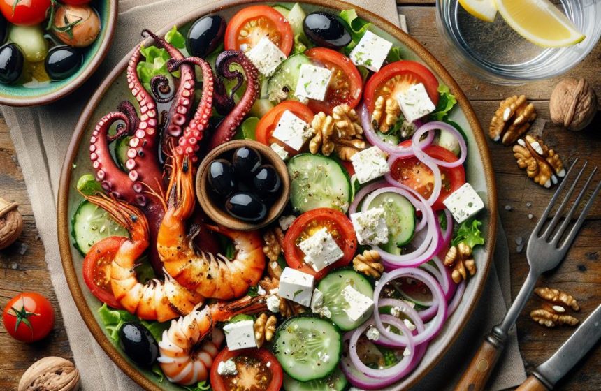 Délices Marins Grillés avec Salade Grecque et Noix