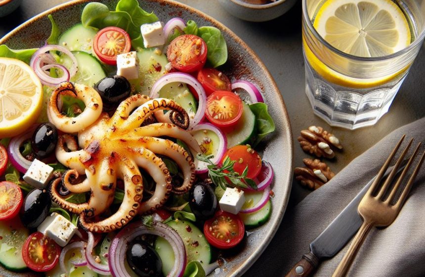 Calamar Grillé avec Salade Grecque et Eau Citronnée
