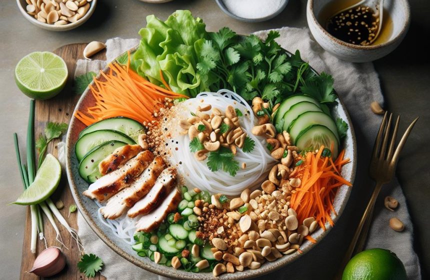 Bo Bun Vietnamien au Poulet avec Nouilles de Riz et Cacahuètes