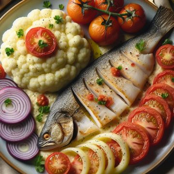 Purée de Chou-Fleur et Merlu au Four avec Tomates et Oignon Rouge