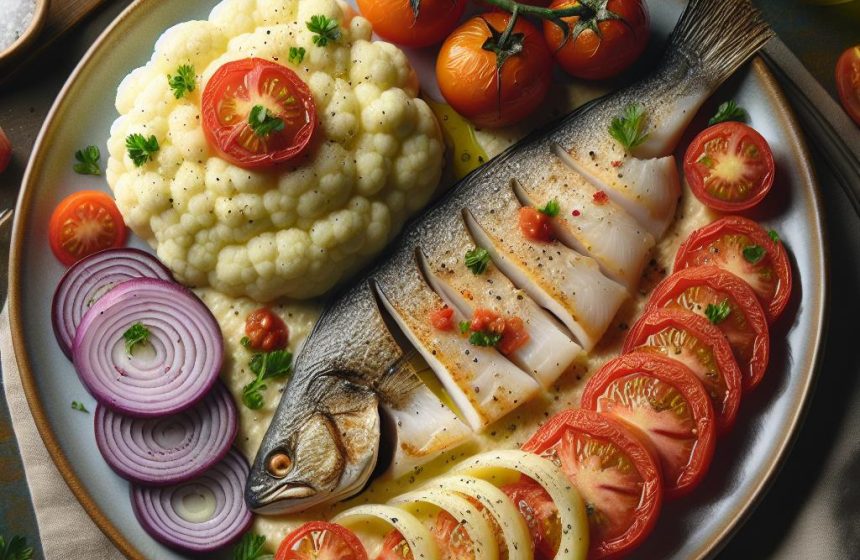 Purée de Chou-Fleur et Merlu au Four avec Tomates et Oignon Rouge