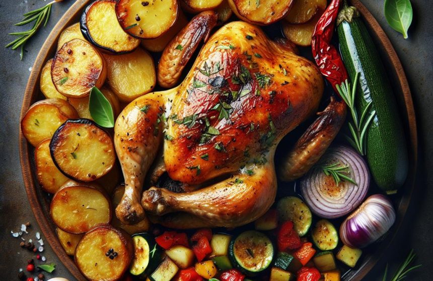 Poulet Rôti Gourmand avec Pommes de Terre Rissolées et Ratatouille