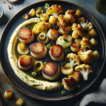 Noix de Saint-Jacques Poêlées avec Purée de Poireaux et Chou-Fleur Grillé