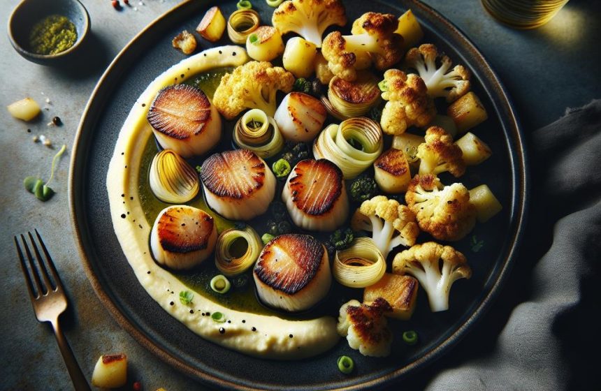 Noix de Saint-Jacques Poêlées avec Purée de Poireaux et Chou-Fleur Grillé