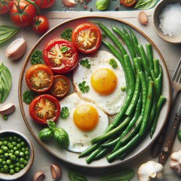 Délice d’Oeufs au Plat avec Tomates Grillées et Haricots Verts
