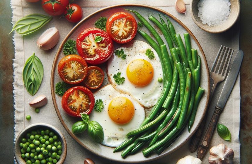 Délice d’Oeufs au Plat avec Tomates Grillées et Haricots Verts