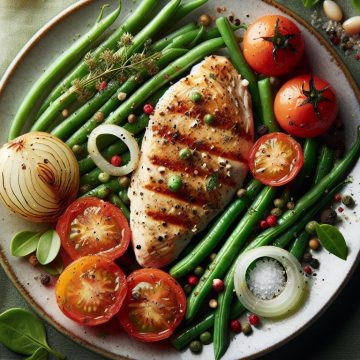 Escalope de Poulet Grillée aux Haricots Verts, Tomates et Oignons
