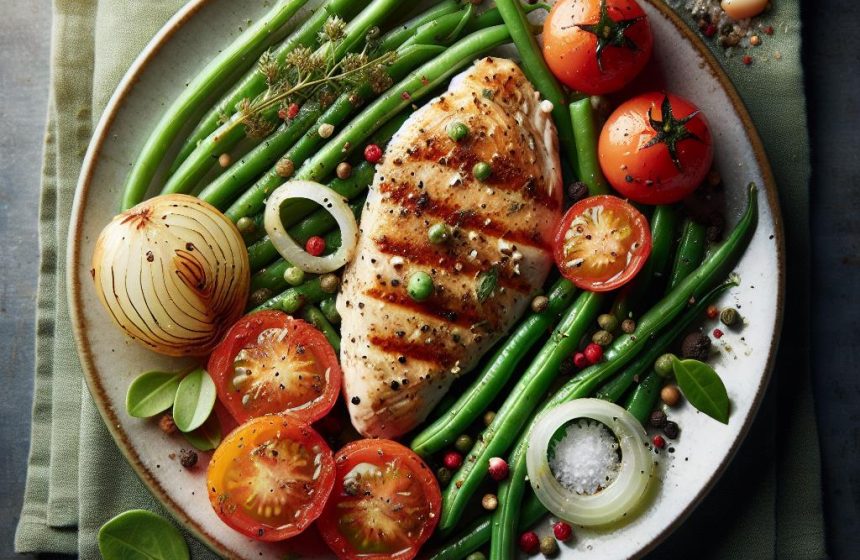 Escalope de Poulet Grillée aux Haricots Verts, Tomates et Oignons