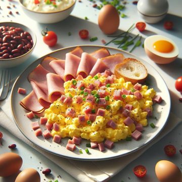 Délice Matinal aux Œufs Brouillés, Jambon et Haricots Rouges