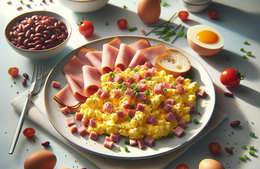 Délice Matinal aux Œufs Brouillés, Jambon et Haricots Rouges