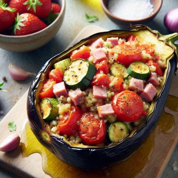 Aubergine Farcie aux Légumes et Jambon, accompagnée de Fraises Nature