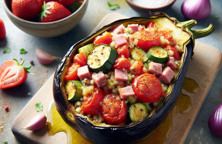 Aubergine Farcie aux Légumes et Jambon, accompagnée de Fraises Nature