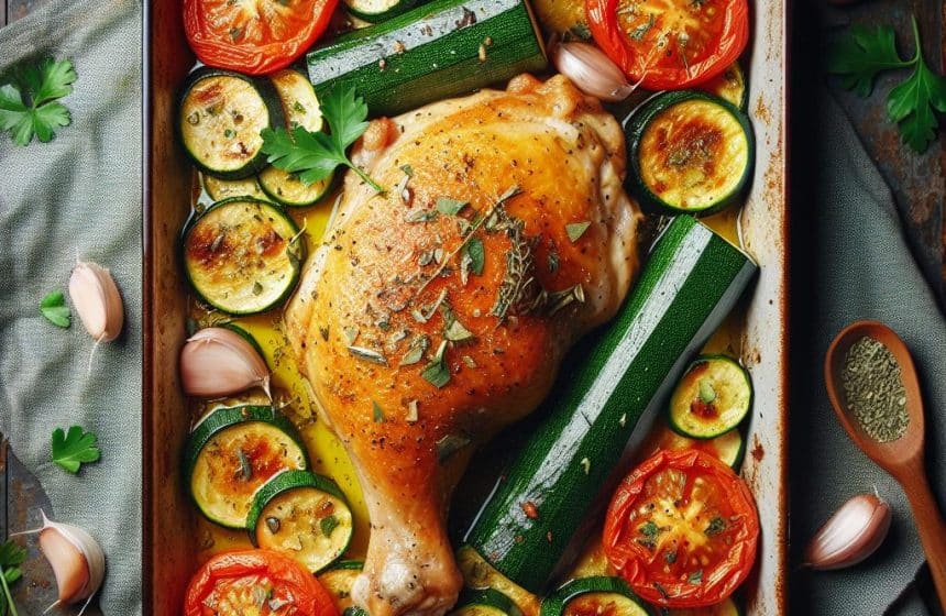 Haut de Cuisse de Poulet aux Courgettes et Tomates Cuites